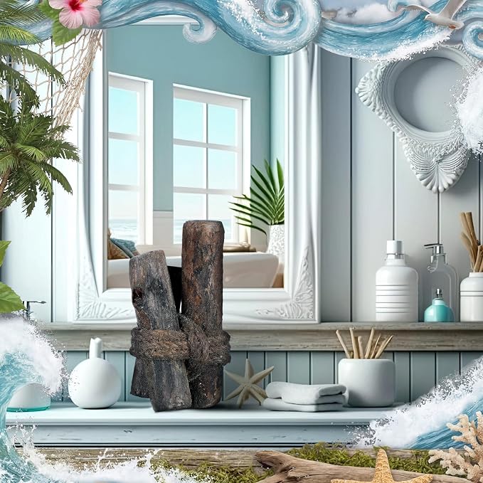 Threehoney 3 Pcs Driftwood Piling Rope Wrapped Coastal Nautical,Black | Artificial Wood Pilings as Beach Centerpieces, Farmhouse Rustic Table Decor, Coastal Accents for Dining and Aquariums