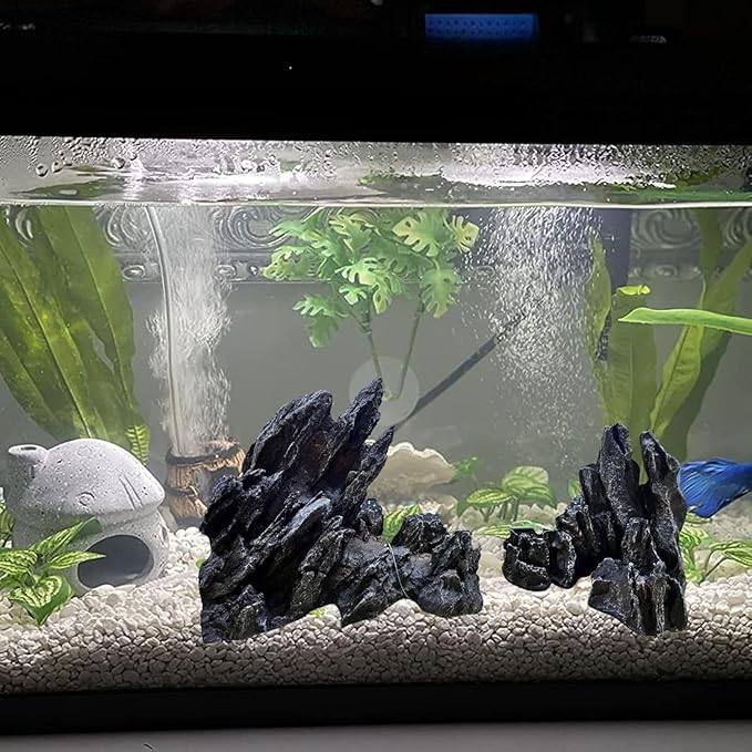 Saim Extra Large Aquarium Decor, Massive Artificial Mountain Rock Landscape, 2 Pack Jagged Canyon Rock Formation Mountain Hill View Stone Ornament Set for Betta Cichlids Hideaway Hideout