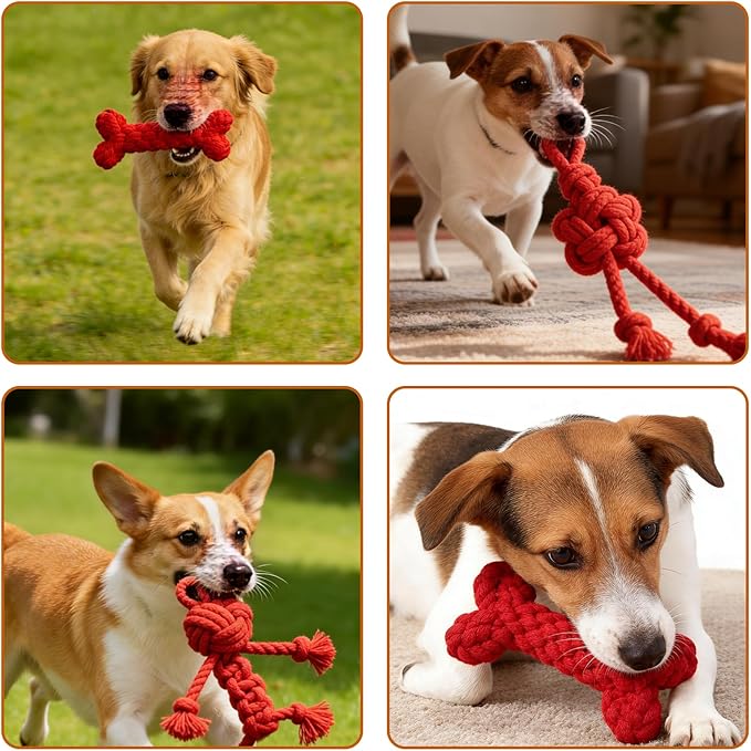 3 Pack Cotton Rope Dog Toy Set, Indestructible Chew Toys for Aggressive Chewers, Puppy Teething Toys with Bone, Human & Chinese Knot Designs for Boredom Relief & Tug of War, Red