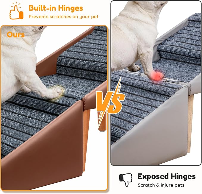 17" H Dog Stairs for Small Dogs – 4-Step Non-Slip Dog Ramp for Couch, Foldable 2-in-1 Pet Stairs & Ottoman, Upgraded Pet Steps for Puppies, Senior Dogs & Injured Pets, Solid Wood Frame (Brown)