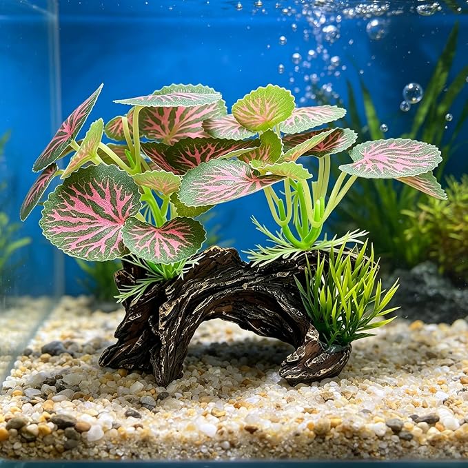 Silk Aquarium Plants with Artificial Driftwood | Soft silk plants with resin driftwood, safe for fish, lifelike, durable, fits small & large tanks, maintenance-free.