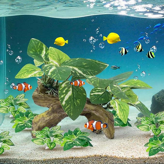 CousDUoBe 9 Pcs Fish Tank Decor,Silk Aquarium Plants Green Silk Leaf pad Hammock Artifical Driftwood cave Betta Fish Tank Accessories 6 x 3 x 4 inches(LxWxH)