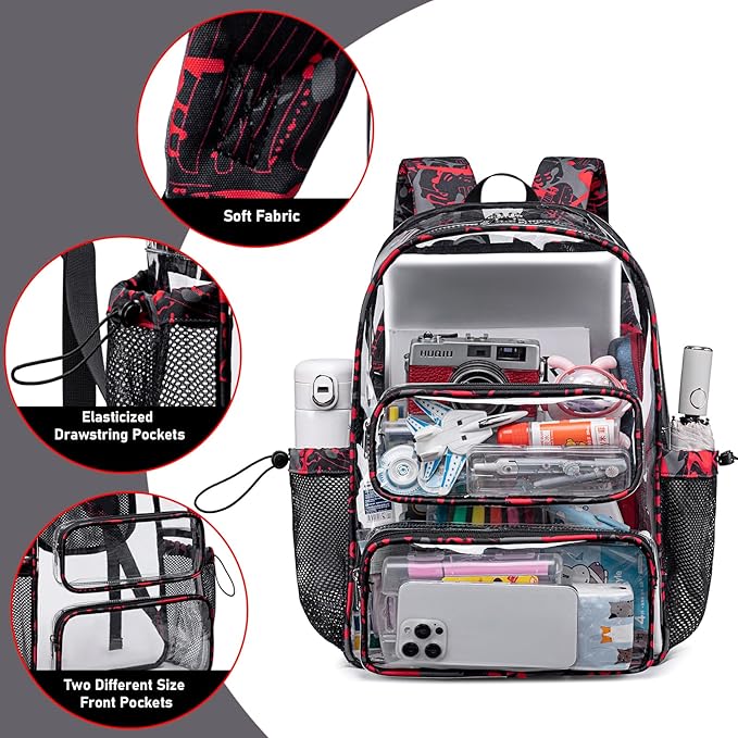 CAMTOP Clear Backpack Heavy Duty Transparent Bag See Through BookBag for Student School Work Festival Sport Travel (Graffiti Red)