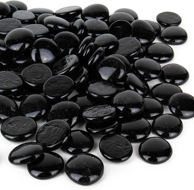 CYS EXCEL X-Large 1.1"-1.35" Black Glass Flat Gemstone Vase Fillers (1 LB) Multiple Color Choices Marble Beads Aquarium Rocks Floral Supplies Stones Decorative Mosaic Gem Pebbles (Approx. 28-35 PCS)