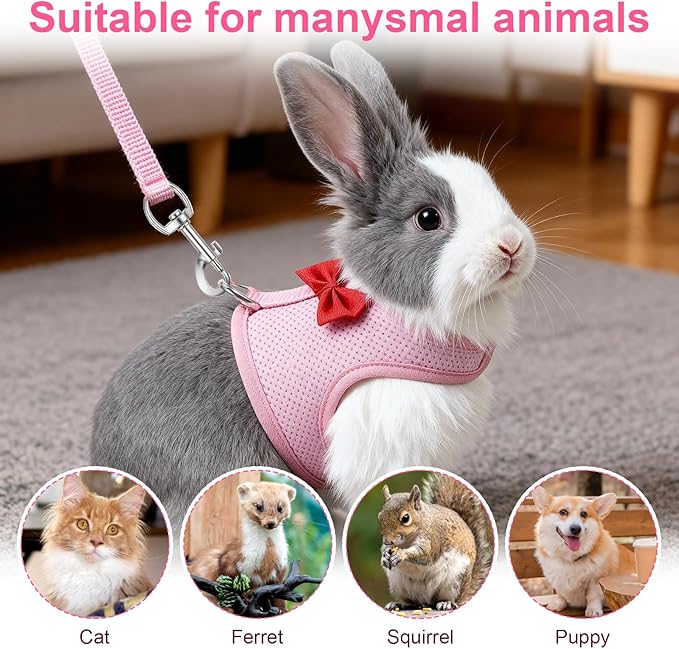 Breathable Rabbit Harness and Leash Set, Rabbit Harness and Bunny Leash Set, Soft Breathable Mesh VestHarness for Rabbits, Kitten, Ferret, Small Pig, Puppy, Small Pets (Pink,M)