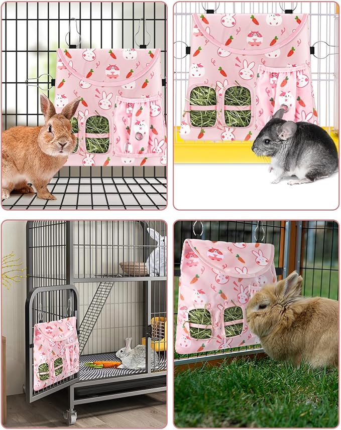 Bissap Rabbit Hay Feeder Bag, 2 Holes Hanging Hay Feeder Guinea Pig Hay Bag with Side Pocket for Rabbits Bunny Chinchillas Hamsters Rats and Other Small Pets Small Animal - Pink