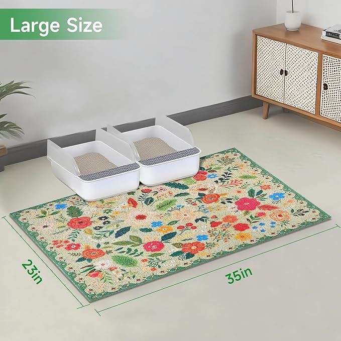 Cat Litter Mat, 35" x 23" Litter Box mat, Upgrade Non-Slip Kitty Litter mat, Traps 100% Litter, Soft on Kitty Paws, Easy Clean for Scatter Control, Bohe cat Food mat, Urine Waterproof