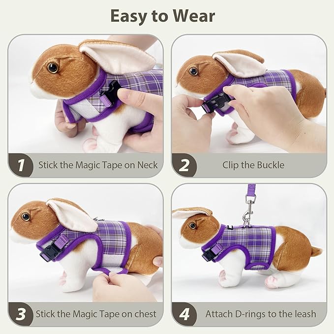 AIITLE Bunny Harness and Leash Set Escape Proof - Magic Tape Design, Lightweight Plaid Pattern Mesh Padding, No Choke No Pull for Puppy Cat Rat Squirrel Ferret, Outdoor Walking Running, Purple S