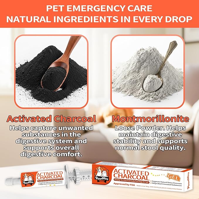 Activated Charcoal First Aid Kit -Emergency Support for Dogs, Cats & Puppies, Natural Charcoal Formula for Digestive Balance, Camping & Home Essential Oral Anti Diarrhea Digestive (60ml 2Tubes)
