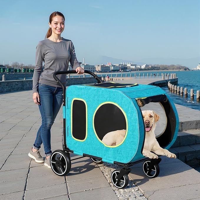 2025 Upgraded Dog Stroller for Large & Medium Dogs,Pet Stroller for 2 Small Dogs, Foldable Jogger Wagon with Detachable Carrier for Car Seat, Adjustable Handle, Up to 90 lbs, Blue