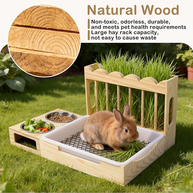 3-in-1 Rabbit Hay Feeder with Litter Box, Sturdy Wooden Hay Feeder Set for Guinea Pigs, Chinchillas, Hamsters, Ferret, Rabbits and Other Small Animal