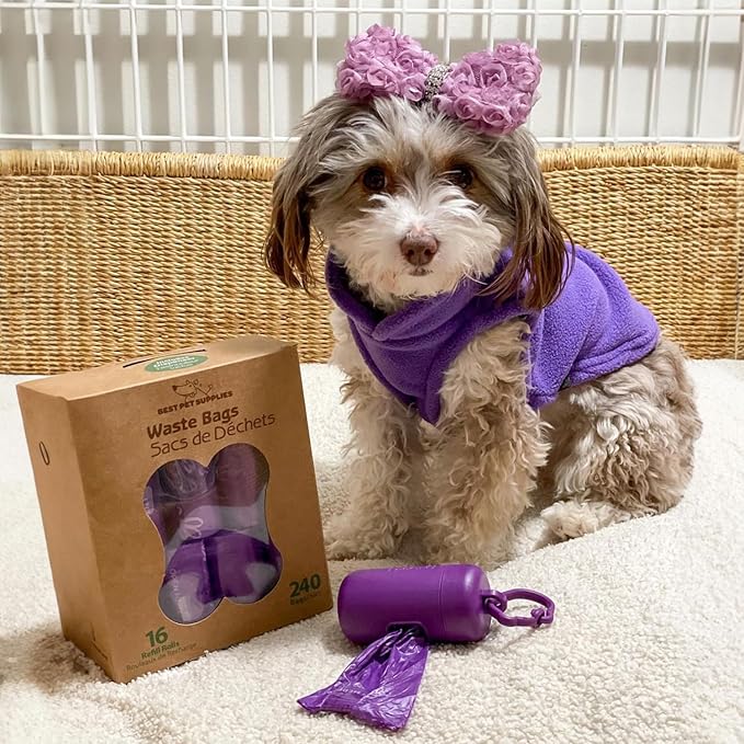 Best Pet Supplies Dog Poop Bags for Waste Refuse Cleanup, Doggy Roll Replacements for Outdoor Puppy Walking and Travel, Leak Proof and Tear Resistant, Thick Plastic - Purple (Scented), 240 Bags