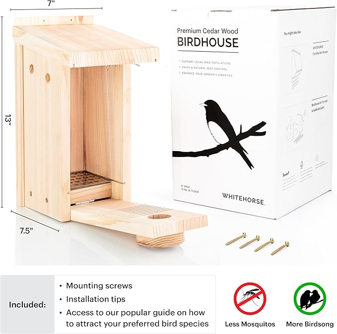 WHITEHORSE Bluebird House - Weatherproof Bird House for Outdoors - Cedar Birdhouse Built to NABS Specs - Nest Box for Bluebirds, Chickadees, Titmice, Wrens, Nuthatches & More (15” Floor)