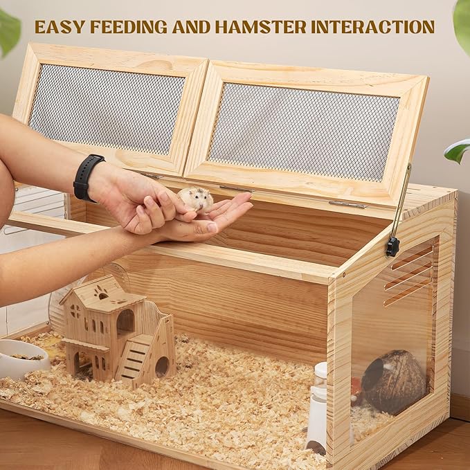Hamster Cage 32" Wooden Chewproof, 270° Panoramic View Large Habitat with Bite-Proof Mesh, Top Dual Access Doors & Acrylic Panels, for Syrian/Dwarf Hamsters, Guinea Pigs, Chinchillas & Gerbils