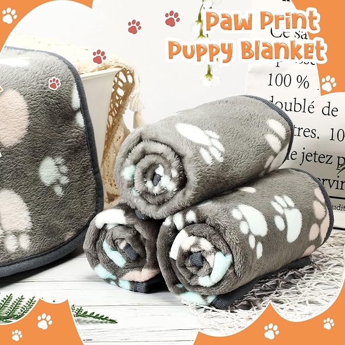 Tatuo 4 Pack Fleece Dog Blankets for Puppy Cats Multi-Size Sleep Mat for Pet Guinea Pig Soft Washable Warm Crate Bed Puppy Teething Toys Print Pattern Blanket Indoor(Dark Gray,24 x 16 Inch,Paw)