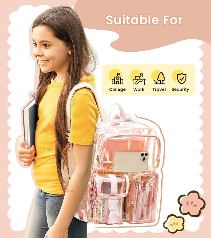 Vorspack Clear Backpack for School - Heavy Duty Transparent Bookbag for Girls Boys Large See Through backpacks for Work, College, Travel - Pink