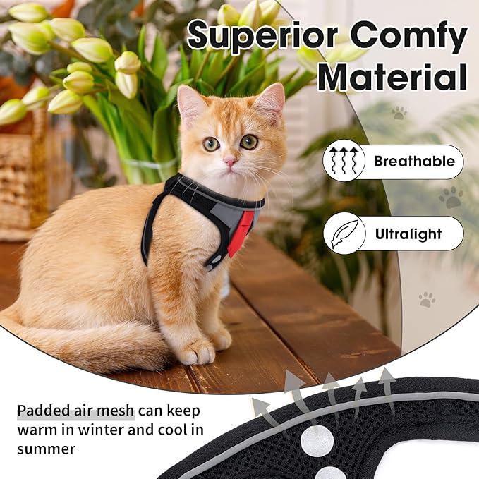 Cat Harness and Leash Set for Walking Escape Proof, Soft Adjustable Kitten Harness Breathable Mesh with Reflective Strips Harness for Kitty Puppy Bunny(Black,XS)