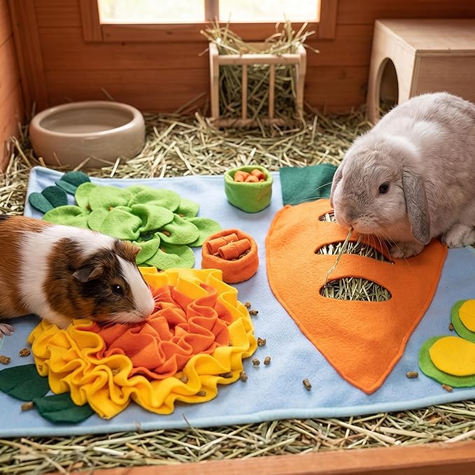 Rabbit Hay Feeder - Interactive Polar Fleece Pet Foraging Mat Toy Indoor for Guinea Pig Bunny Chinchillas Hamster Ferrets Small Animals - Anti Slip Feeding Mat Treat Dispenser Machine Washable