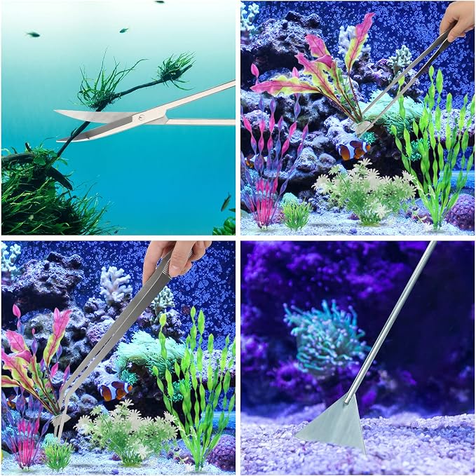 15" Aquarium Aquascape Tools Kit 4P Stainless Steel Aquascaping Set | 4in1 Extra Long Full Metal Design, Scissors, 2P Tweezers And Sand Spatula, For Trimming Plants, Arranging Sand And Aquascape