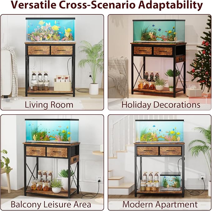 20-29-37 Gallon Fish Tank Stand with Power Outlets and 2 Drawers, Brown | Heavy duty metal frame holds up to 400 pounds with a lower shelf for a second aquarium, turtle tank or reptile terrarium