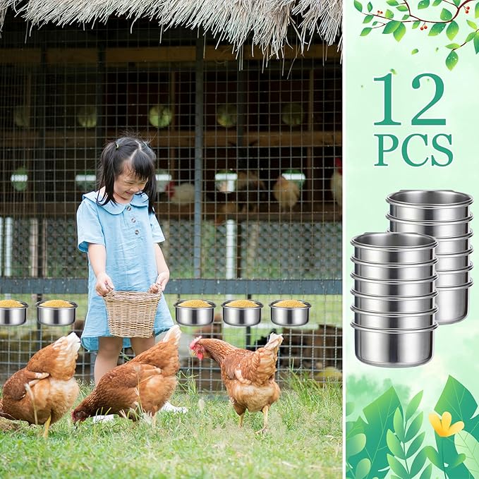 Ziliny 12 Pcs 10 oz Stainless Steel Bird Feeding Dish Cups Bird Feeder with Clamp Parrot Food Cups for Cage Pet Water Cage Bowls for Budgies Parakeet Cockatiel Small Animal