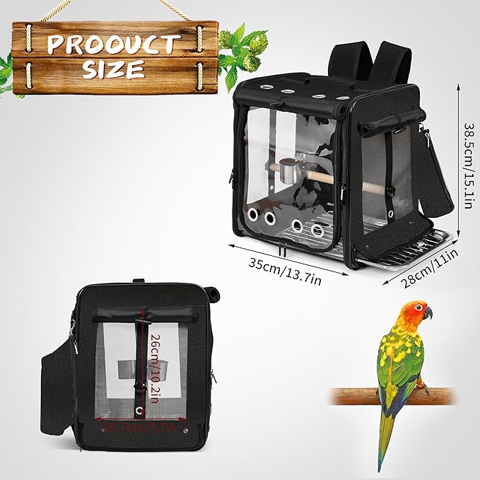 Bird Carrier with Seat Belt for Car Travel, Bird Backpack Carrier with Indestructible Stainless Steel Mesh, Large Bird Carrier Travel Cage, Black