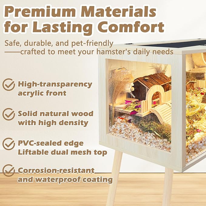 Prolee Hamster Cage with Curved Design,Chew Proof Wooden Hamsters Enclosure with Leg Stand and Openable Top or Gerbils,Hamster Habitat (32"x16"x16")