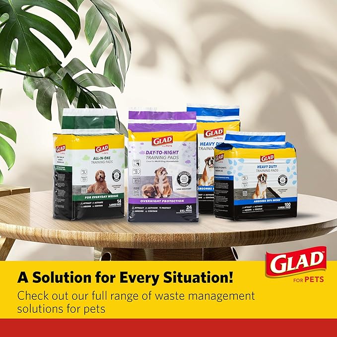 Glad for Pets Day to Night Activated Carbon Puppy Training Pads, Odor Control Disposable Dog Pads with Adhesive and Wall Protection, Leak Proof and Super Absorbent, 30 x 36 Inch, 24 Count - 2 Pack