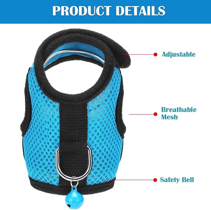 SATINIOR 2 Sets Guinea Pig Harness and Leash Adjustable Soft Mesh Harness Bell No Pulling Comfort Vest for Baby Ferret Rats Hamster Bunny Rabbit Chinchilla and Small Pet(Blue, Black,S)