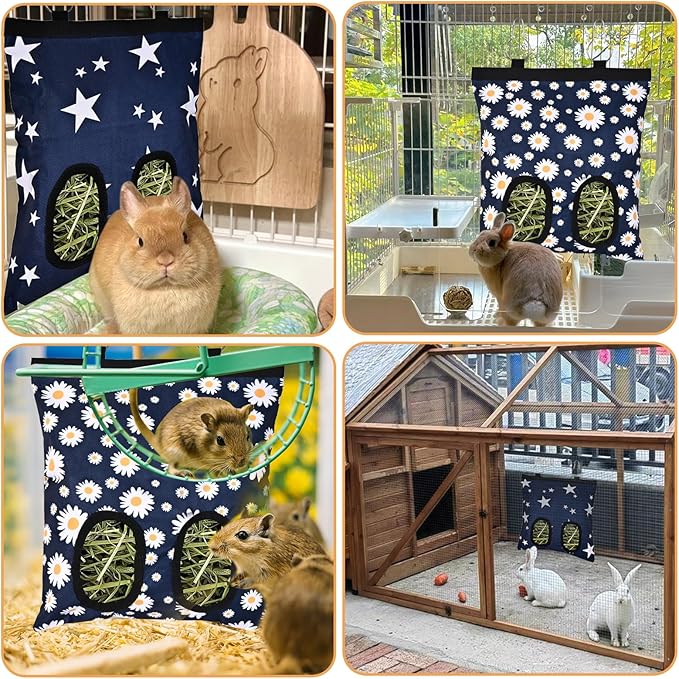 Upgraded Rabbits Hay Feeder Bag for Bunny, Guinea Pigs, Chinchillas - Hanging Washable 2-Hole Hay Dispenser with 600D Oxford Fabric, Small Animal Cage Accessories (Blue Daisy)