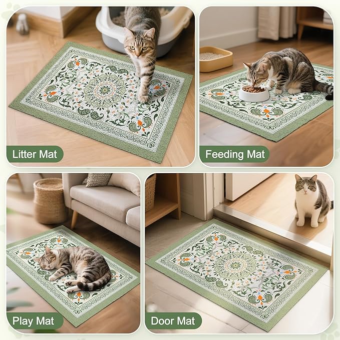 Unicorn Catcher Cat Litter Mat 40" x 30" Non-Slip Litter Box Mat Washable Litter Catcher Mat for Litter Box Indoor Food Mat Supplies Essentials, Green Mandala