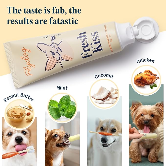 Flydog Fresh Kiss Dog Tooth Brushing Kit, Enzymatic Dog Toothbrush and Toothpaste- Vet Approved Formula, Breath Freshener & Tartar Remover, 360° Toothbrush for All Round Cleaning (Coconut Oil)