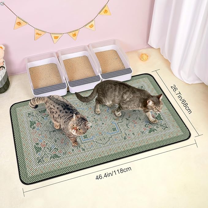 Bienbee Cat Litter Mat, 46"x27" Jumbo Litter Mat Double Layer Litter Trapping Mat,Reduces Tracking and Keeps Floors Clean,Bean-Green Retro Floral XL