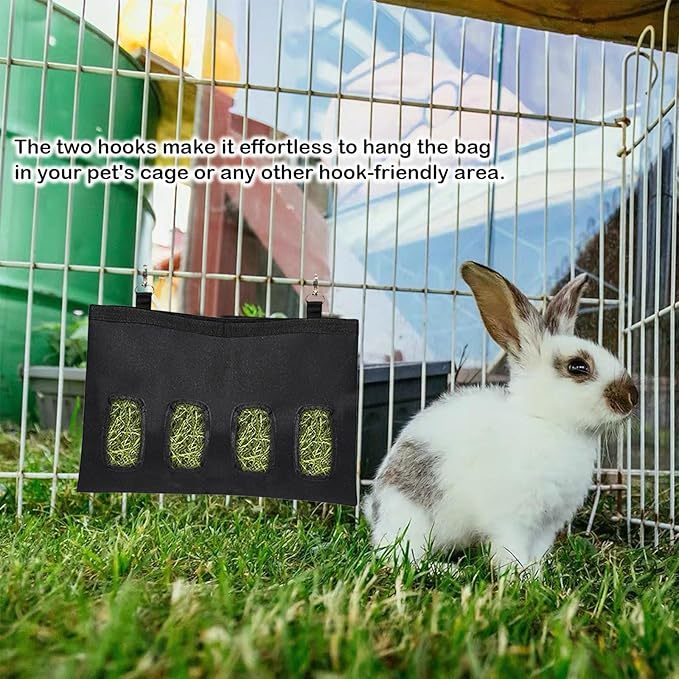 Rabbit Hay Feeder Bag, Large Capacity Rabbit Hay Bag Small Animal Hanging Hay Bag 600D Oxford Cloth Bunny Hay Feeder Bag for Rabbits Guinea Pigs Chinchillas (Black-2 Holes-2Pcs)