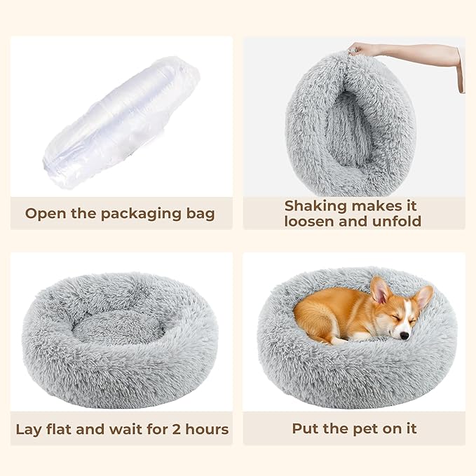 Calming Large Donut Dog Bed, Round Soft Fluffy Plush Faux Fur Anti-Anxiety Washable Anti-Slip Pet Bed for Medium Size Dog and Cat 28in Gray