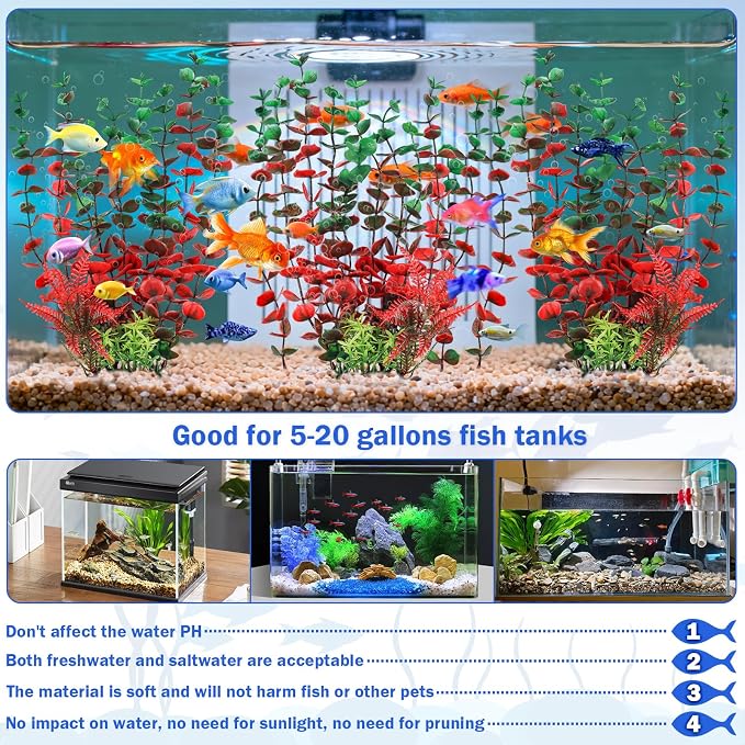 QUOZUO Aquarium Large Plants Decoration, Aquarium Decorations Artificial Plastic Plants, Dark Red Fish Tank Accessories 3pcs