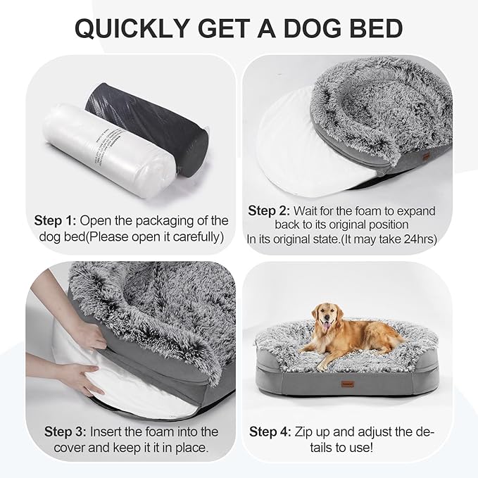 iweepet 3.7 inch Thickened Orthopedic Dog Beds for Large Dogs, Fluffy Supportive Dog Sofa Bed with 28D Egg-Crate Foam, Removable Washable Plush Cover, Waterproof Lining, Cozy Oval Design, Grey