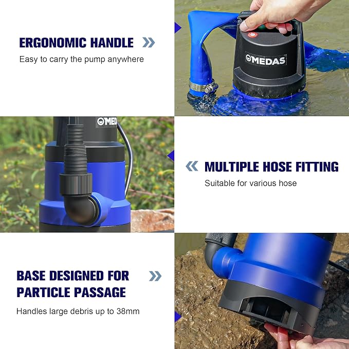 MEDAS 1HP 3434 GPH Sump Pump Submersible Clean/Dirty Water Pump Portable Utility Pump with 16.4ft Cord for Swimming Pool Garden Basement Tub Pond Draining