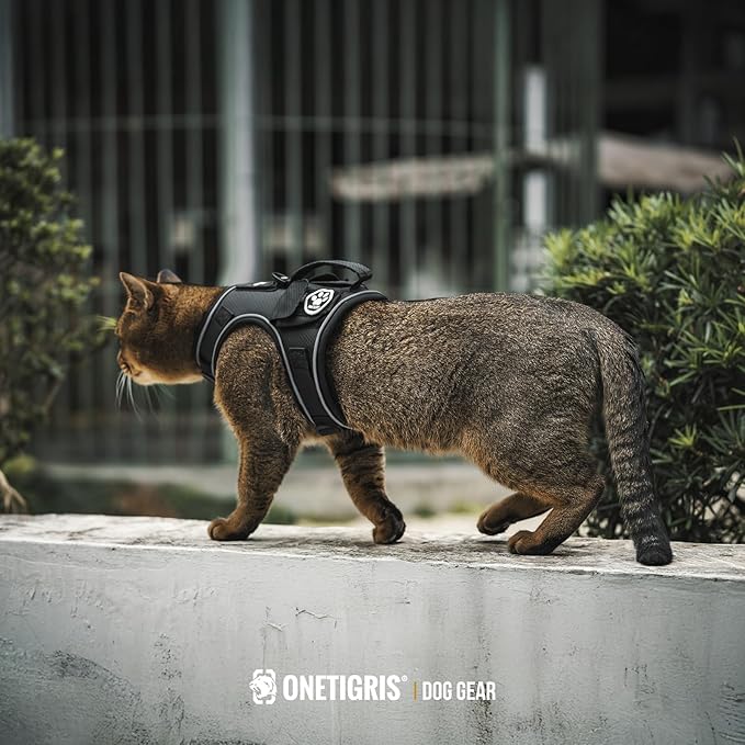 OneTigris Cat Harness and Leash - Escape Proof Soft Adjustable Cat Harness, Breathable, Comfortable, Durable Water-Resistant Tactical Vest with Reflective Strips and Pocket for Cat Tracker