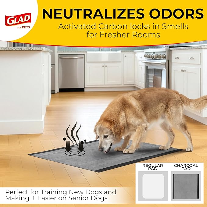 Glad for Pets Black Charcoal Puppy Pads - Super Absorbent Disposable Dog Pee Pads, Potty Training Pads, and Pet Supplies - Dog Pee Pads for Crate Training and Indoor Use 23" x 23" - 30 Count