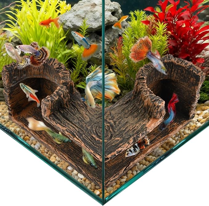 Aquarium Corner Cave - Fish Tank Cave for Corners - Betta Hideout | Natural-Looking Wood-Like, Fish Hideout for Aquarium,90° Corner Fish Cave Viewing Tunnels,5.1” x 2” x 2.7”