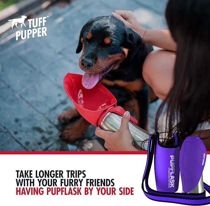 Tuff Pupper PupFlask Insulated Neoprene Dog Water Bottle Holder Sling with Wide Adjustable Shoulder Strap, Great for Travel, Walking, Hiking, Portable Pet Water Bottle Holder (27 OZ, Ultra Violet)