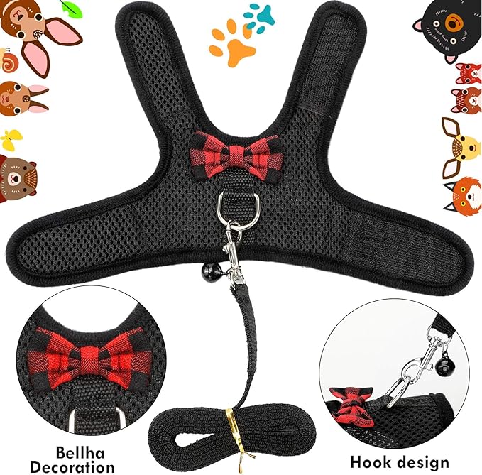 SATINIOR 2 Pieces Guinea Pig Bunny Harness Soft Mesh Hamster Rat Leash with Safe Bell, Ferret Pig Clothes and Leash Set for Hamster Ferrets Rats Bunny Guinea Chinchilla Teacup Chihuahua(M,Blue, Black)