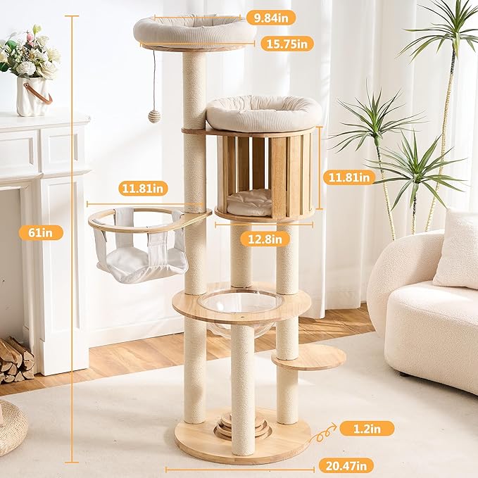 HITTITE Solid Wood Cat Tree Tower with Scratching Post, 61 Inches Tall Cat Towers with Capsule and Condo, Modern Cat Tower with Hammock and Removable Top Bed for Indoor Cats.White