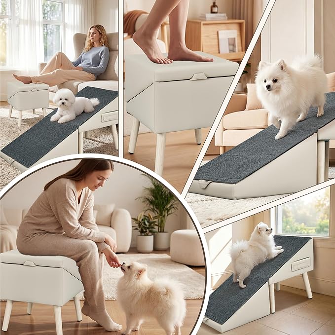 Dog Ramp for Couch and Bed, 17" H Stairs for Small to Medium Dogs and Cats Foldable Steps for Pets to Get on High Bed, Non-Slip Sturdy Ottoman Ramp with Storage Drawer, Beige