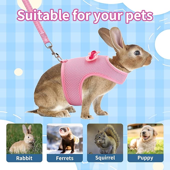 AIITLE Soft Breathable Bunny Harness Set - Escape-Proof Adjustable Vest, Lightweight Reflective Leash for Running, Hiking - Fits Rabbits, Guinea Pigs, Kittens Pink S