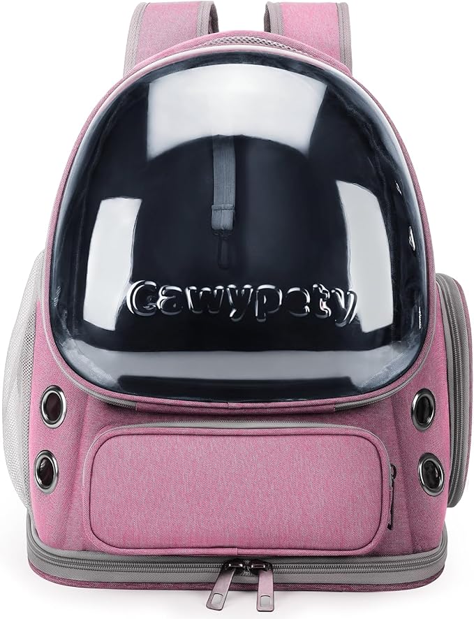 Cawypety Cat Backpack Carrier, Breathable Cat Carrier Large Space Bubble Pet Backpack for Kitty Small Dog up to 12lbs, Transparent & Foldable Pet Carrier for Travel Hiking(Pink)