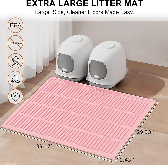 Extra Large Litter Mat: XL 39"x29" Silicone Waterproof Groove Design Litter Trapping Mat Easy to Clean for Multiple-Cats - Jumbo Non-Slip Cat Box Rug for Floor (Pink)