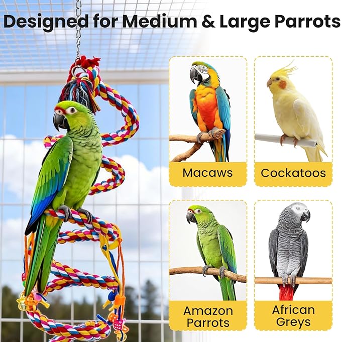 110" Extra Long Bird Rope Perch, 2.4 lb Heavy Duty Cotton Climbing Rope Toy with Bell, Flexible Bungee Swing for Large Parrots Macaw African Grey Cockatoo