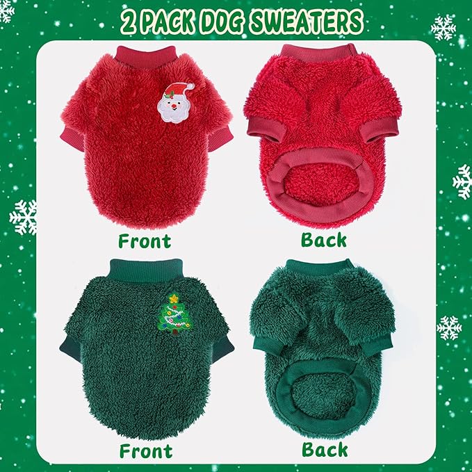 2 Pieces Dog Sweater for Small Dogs Winter Warm Puppy Sweater Fleece Cute Dog Clothes for Dogs Like Chihuahua Yorkie Thick Pet Clothing (Xmas Red, Green, X-Small)